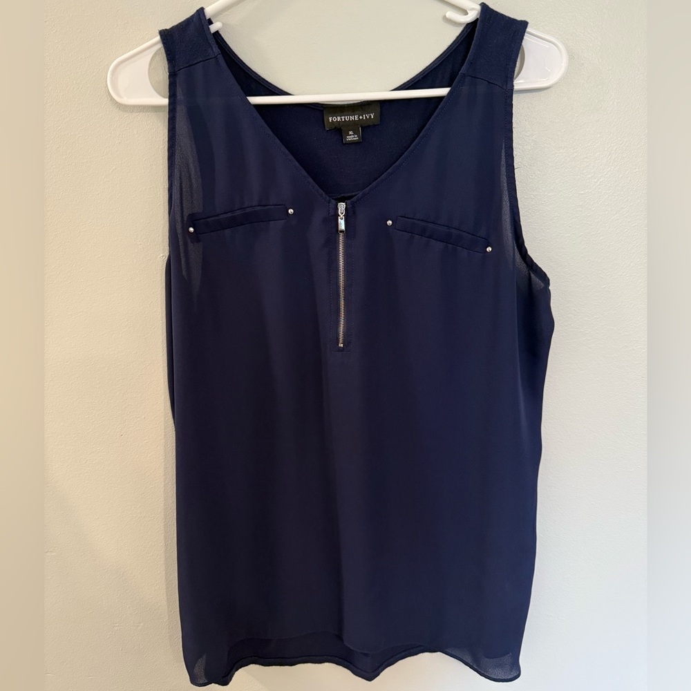 Navy Sleeveless Blouse with Zipper Detail Size XL